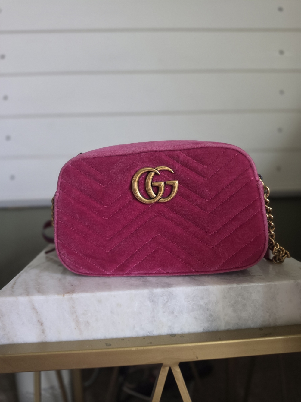 Gucci Pink Velvet GG Marmont Shoulder Bag Small